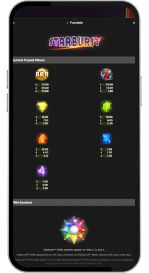 Starburst Paytable and Wild Information